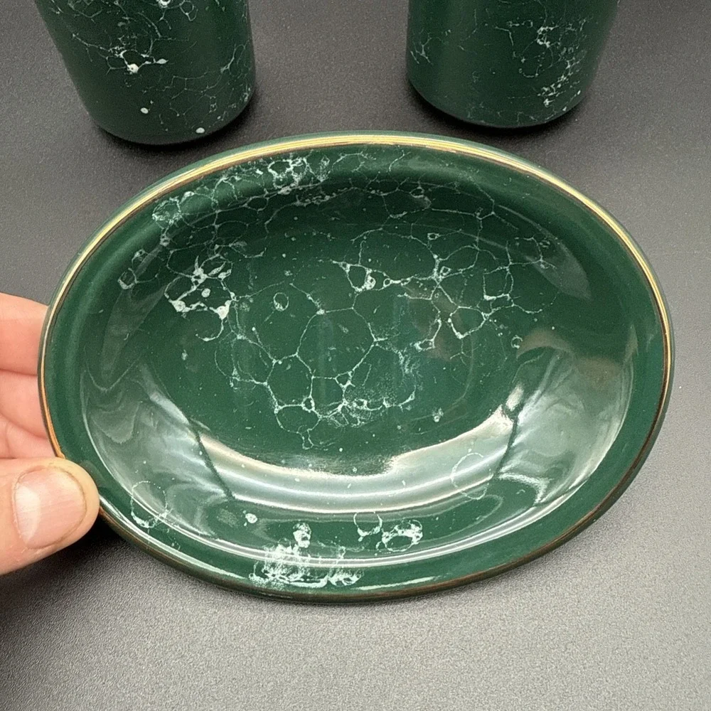 Green Marble Soap Dish Tumbler Toothbrush Holder Bathroom Set Vintage Gold Rim‎